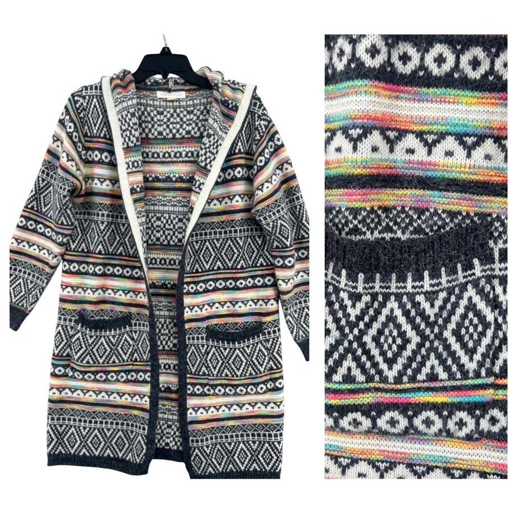 Monteau Hooded Knee Length Fair Isle Cardigan Womens L Grey Longline Boho‎ Cozy